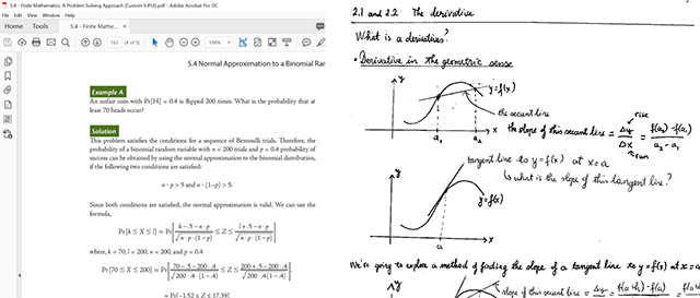 Sample PDF page of a math textbook and a sample page of difficult to follow handwritten lecture notes.