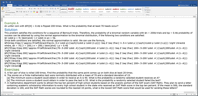 Screenshot of a Word document with hand typed LaTex markup for the math content mixed in with the text.