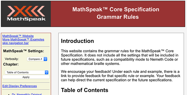 Screenshot of the MathSpeak Core Specification Grammar Rules webpage. The standard is lengthy and sometimes difficult to find what an editor is looking for.