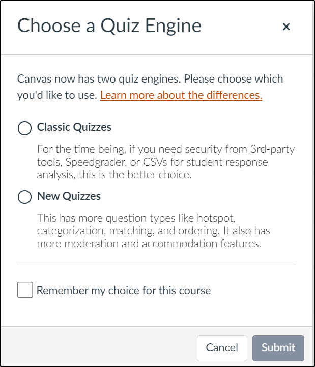 Choose a Quiz Engine dialog box