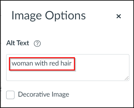 image options menu showing alt text field containing the words 'woman with red hair'