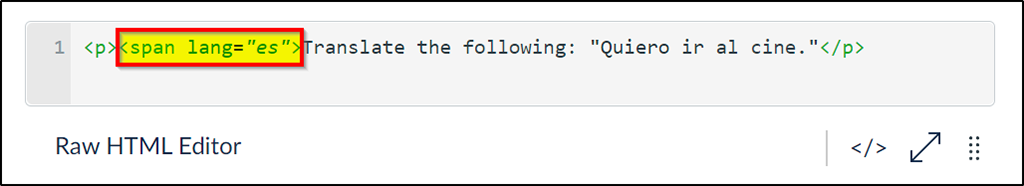 HTML Editor showing the following tag added just before the non-English phrase: <span lang=
