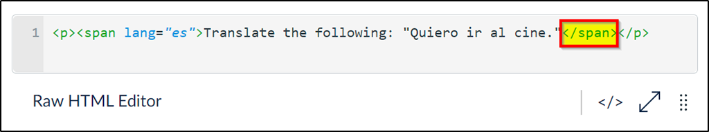 HTML Editor showing the following tag added just after the non-English phrase: </span>