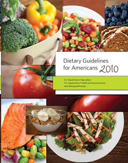 Cover page of the Dietary Guidelines for Americans 2010 showing many pictures of fruits and vegetables. 