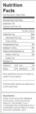 Nutrition facts label for peanut butter with short ingredient list and no hydrogenated oils. 