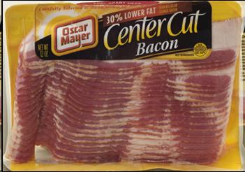 Bacon package labeled 30% lower fat.