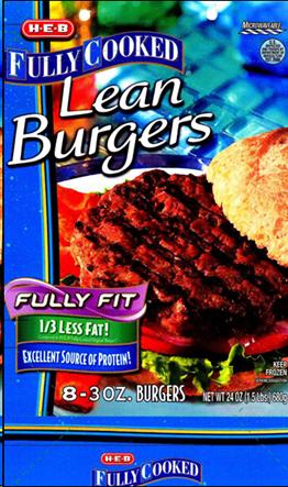 Box of Lean Burgers labeled 1/3 less fat.