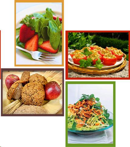 Pictures of colorful foods - dark green salad with bright red strawberries, red peppers stuffed with quoina salad, colorful mixed greens salad.