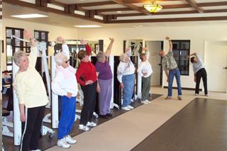 Group of elderly adults engaging in stretching together.