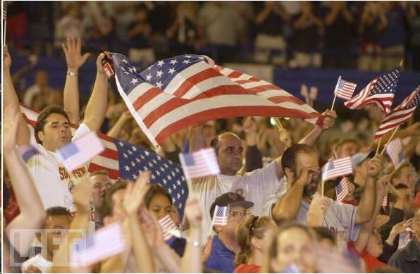 Stadium full of flag waving post 9/11  