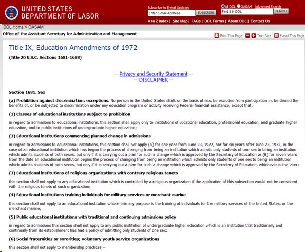 US Dept of Labor Title IX website  