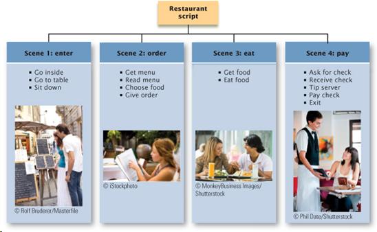 Diagram that shows a simple script for going to a restaurant. The first scene is entering the restaurant, in which you go inside, go to the table, and sit down. In the second scene, you order by getting a menu, reading it, choosing food, and giving your order. In the third scene, you receive the food and eat it. In the fourth scene, you pay by asking for the check, recieving it, tipping the server, paying the check, and leaving the restaurant.
