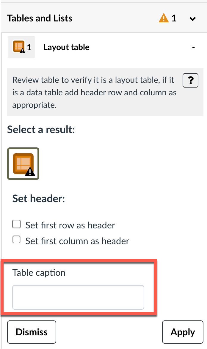 The Pope Tech "Fix" panel showing the "Table caption" text box