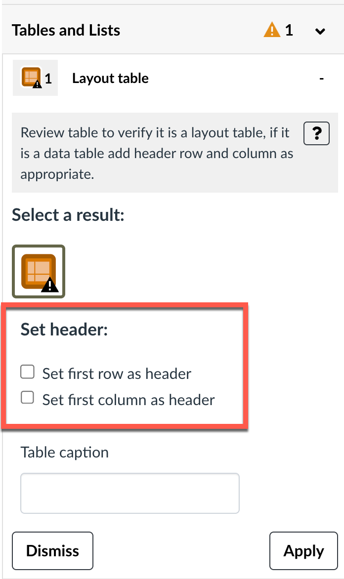 close-up of the "Set Table Header" options within the Pope Tech Guide, showing how easy it is to assign Row or Column scope