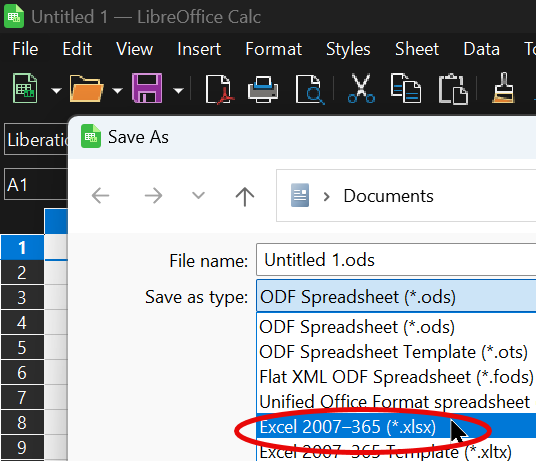 Calc File menu; Save as Type is selected, and then Excel 2007-365 (*.xlsx)