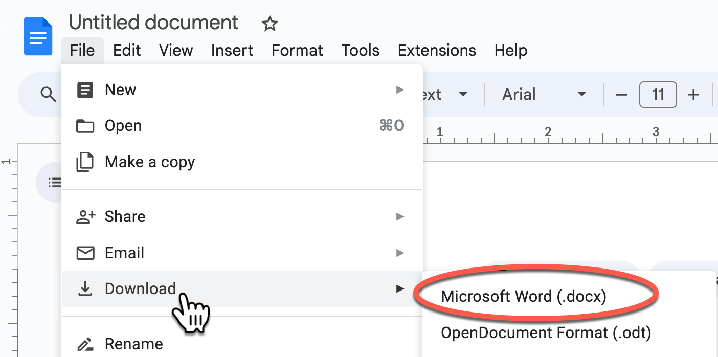 Google Docs File menu; Download is selected, and then Microsoft Word.