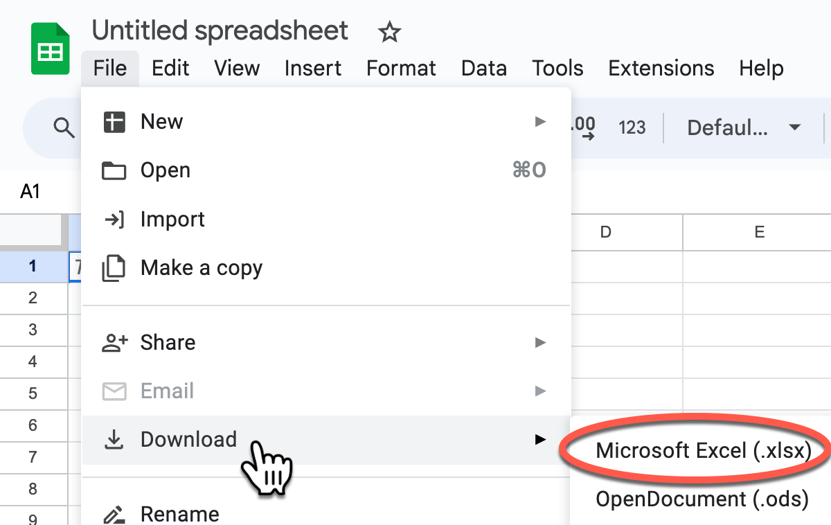 Google Docs File menu; Download is selected, and then Microsoft Excel.