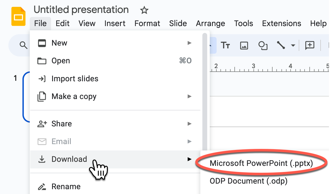 Google Docs File menu; Download is selected, and then Microsoft PowerPoint.