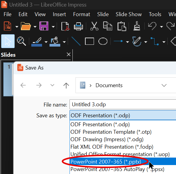 Impress File menu; Save as Type is selected, and then PowerPoint 2007-365 (*.pptx)