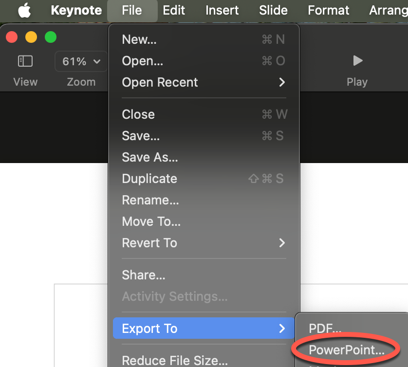 Keynote File menu; Export to is selected, and then PowerPoint.