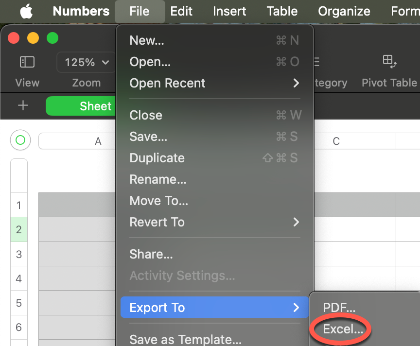 Numbers File menu; Export to is selected, and then Excel.