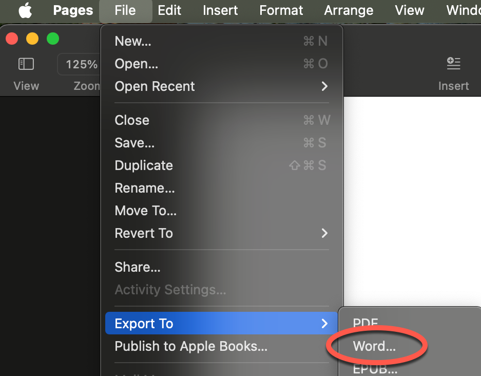 Pages File menu; Export to is selected, and then Word.