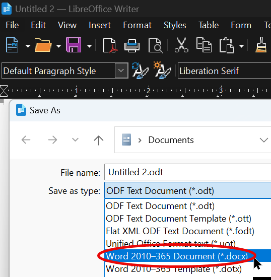 Writer File menu; Save as Type is selected, and then Word 2010-365 Document