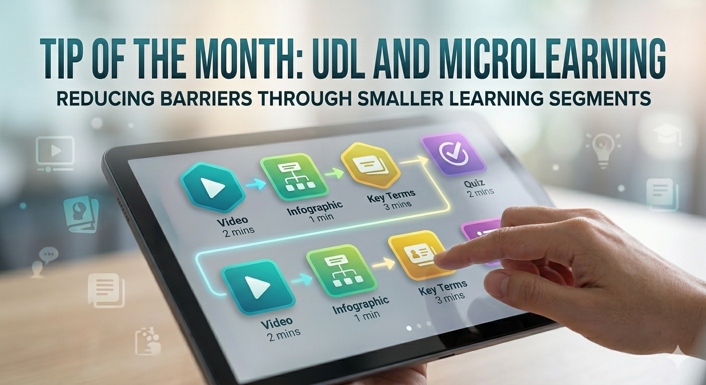 A tablet displays a microlearning pathway with 'Video,' 'Infographic,' 'Key Terms' and 'Quiz' icons.