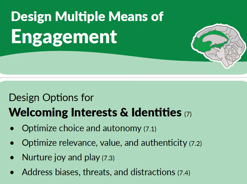 Clipped portion of the UDL 3.0 Graphic Organizer highlighting Design Multiple Means of Engagement column and the box for Welcoming Interests and Identities.
