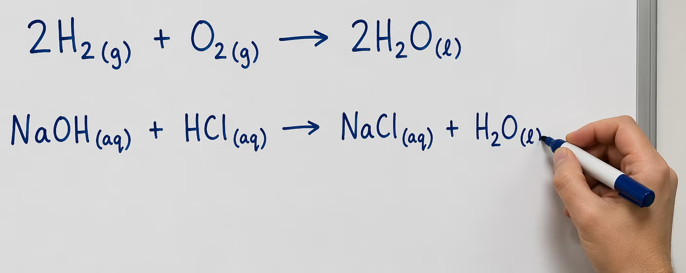 Hand writing basic chemical equations for water formation and acid base neutralization on whiteboard