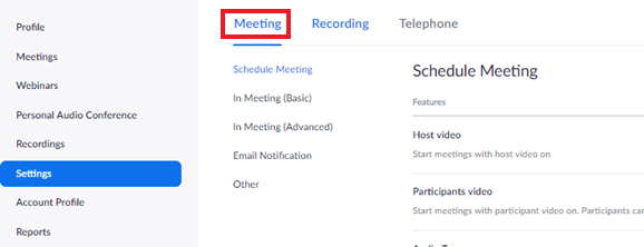 Screenshot of the Meeting Settings tab on the Illinois Zoom account page